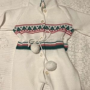 Vintage baby Christmas sweater material onesie size 0-3 months. Button up w/poms